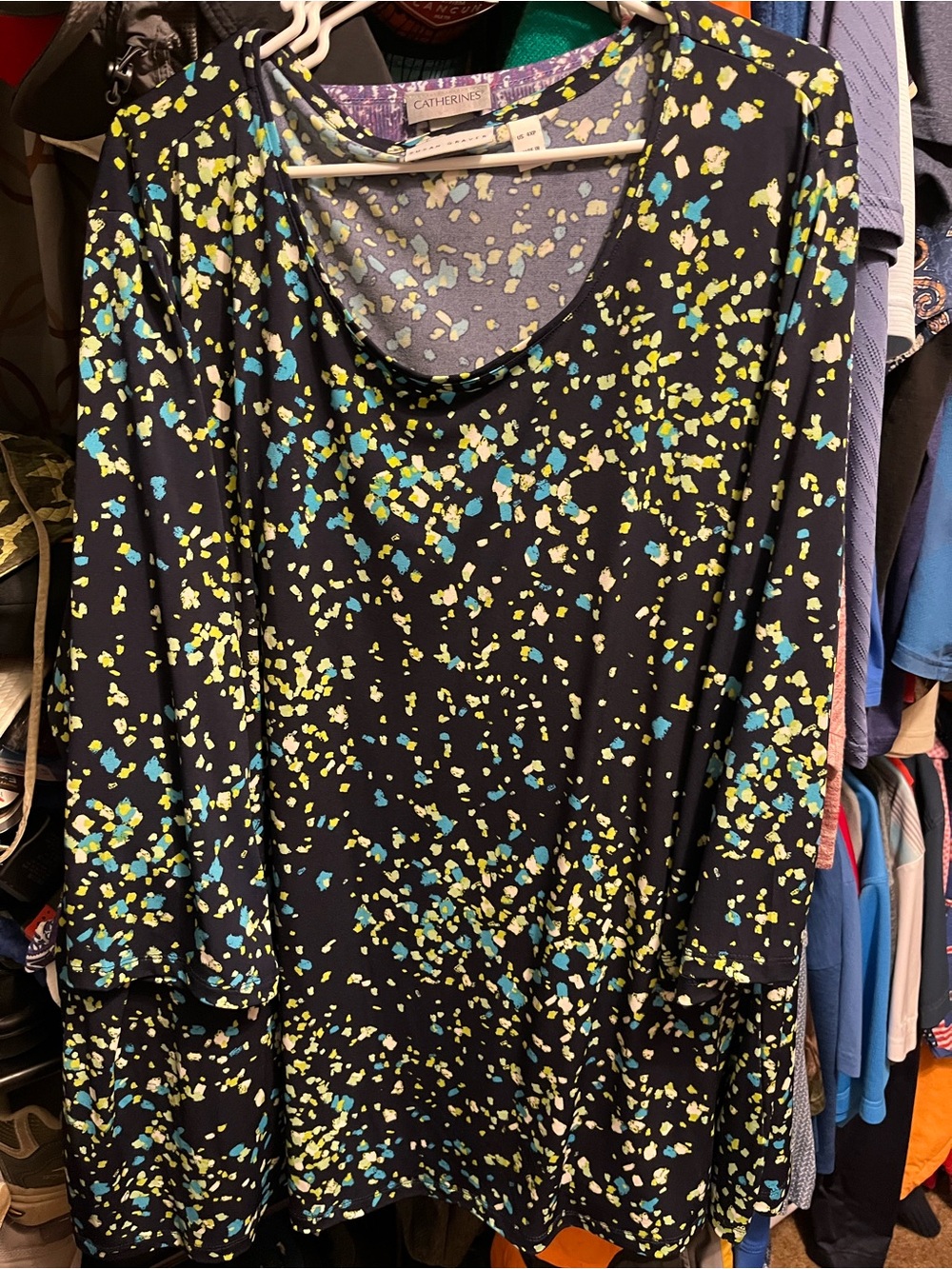 Susan Graver Navy Blouse with Yellow and Teal Speckle Print